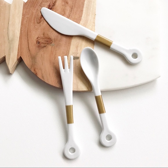 White & Gold Ceramic Fork Knife Spoon Set NWOT - Picture 2 of 3